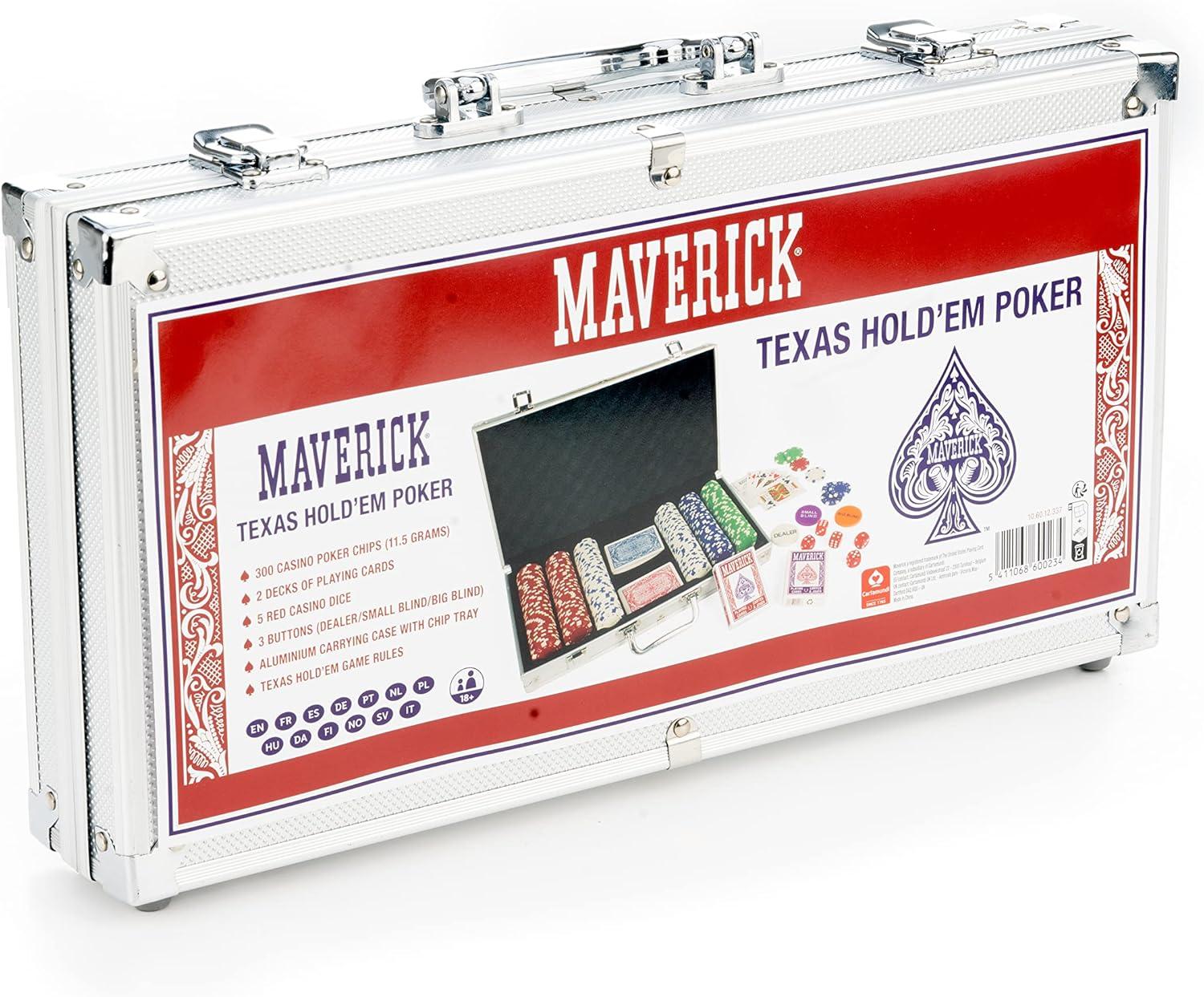 image:imageMaverick Texas Hold Em Poker Set with Aluminum Case 300 11 Gram Casino Poker Chips 2 Decks of Maverick Playing Cards 5 Red Dice and 3 Buttons Casino Game for Adults