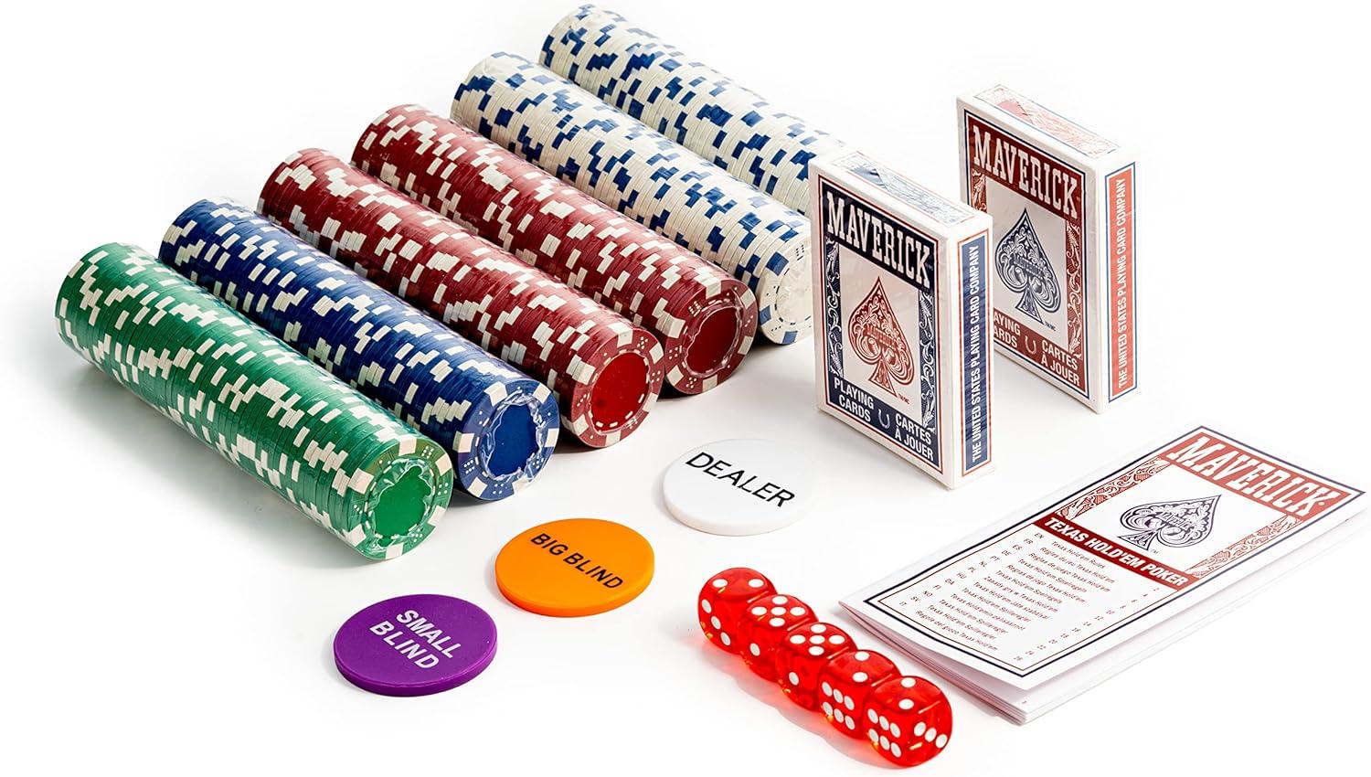 image:imageMaverick Texas Hold Em Poker Set with Aluminum Case 300 11 Gram Casino Poker Chips 2 Decks of Maverick Playing Cards 5 Red Dice and 3 Buttons Casino Game for Adults