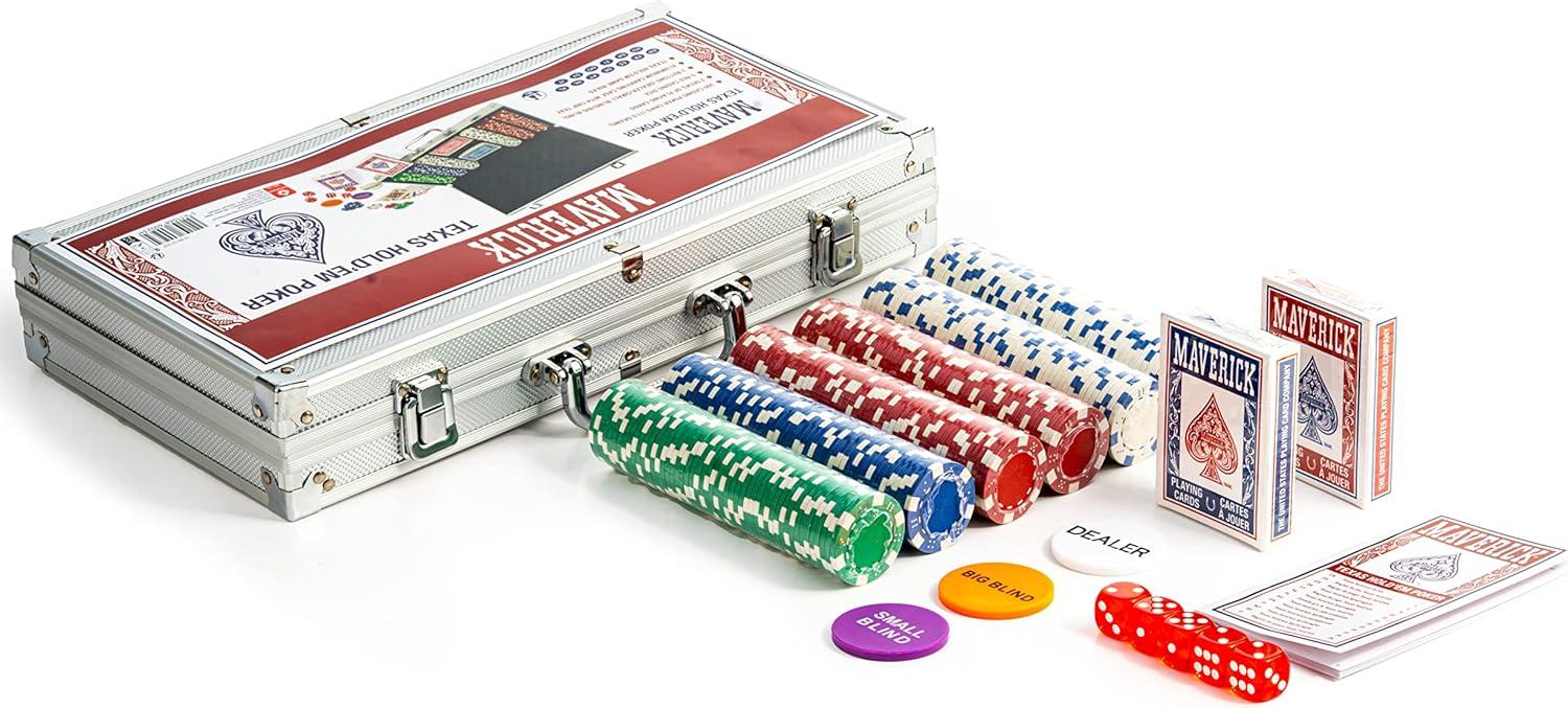 image:imageMaverick Texas Hold Em Poker Set with Aluminum Case 300 11 Gram Casino Poker Chips 2 Decks of Maverick Playing Cards 5 Red Dice and 3 Buttons Casino Game for Adults