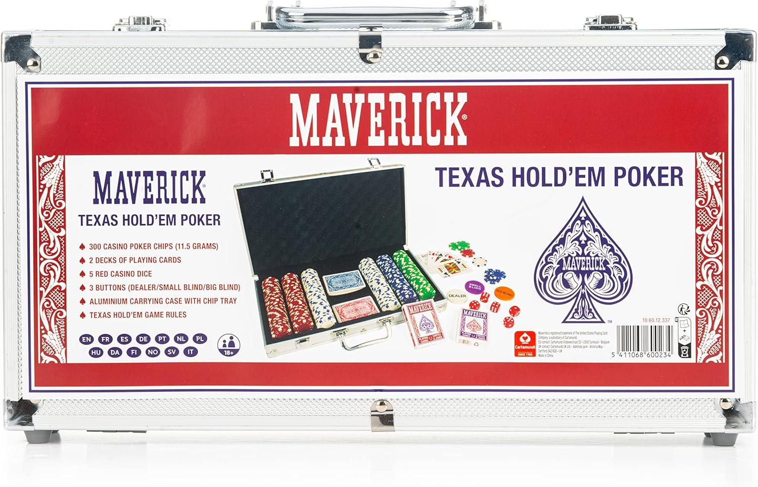image:imageMaverick Texas Hold Em Poker Set with Aluminum Case 300 11 Gram Casino Poker Chips 2 Decks of Maverick Playing Cards 5 Red Dice and 3 Buttons Casino Game for Adults