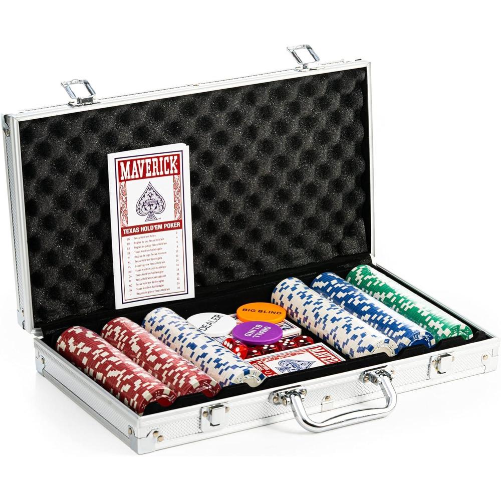 image:imageMaverick Texas Hold Em Poker Set with Aluminum Case 300 11 Gram Casino Poker Chips 2 Decks of Maverick Playing Cards 5 Red Dice and 3 Buttons Casino Game for Adults