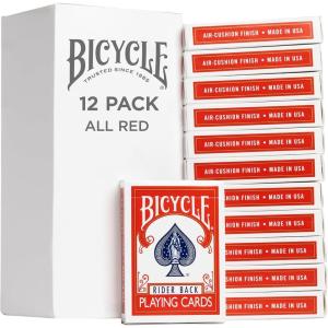 Bicycle Rider Back Standard Index Playing Cards, 12 Pack Bulk Set, Classic Poker Size Decks of Cards for Poker, Blackjack, Rummy, and Family Card Games, Red & Blue Backs(12 PK All Red Std 808)