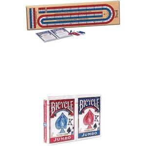 Bicycle Cribbage Game Bundle: 3-Track Color Coded Wooden Cribbage Board, 2 Bicycle Jumbo Index Playing Card Decks, and 9 Color Coded Pegs